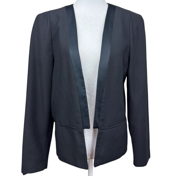 Mango Black Blazer Womens XL Jacket Open Front Elegant Workwear Satin Lapel trim - Picture 2 of 14
